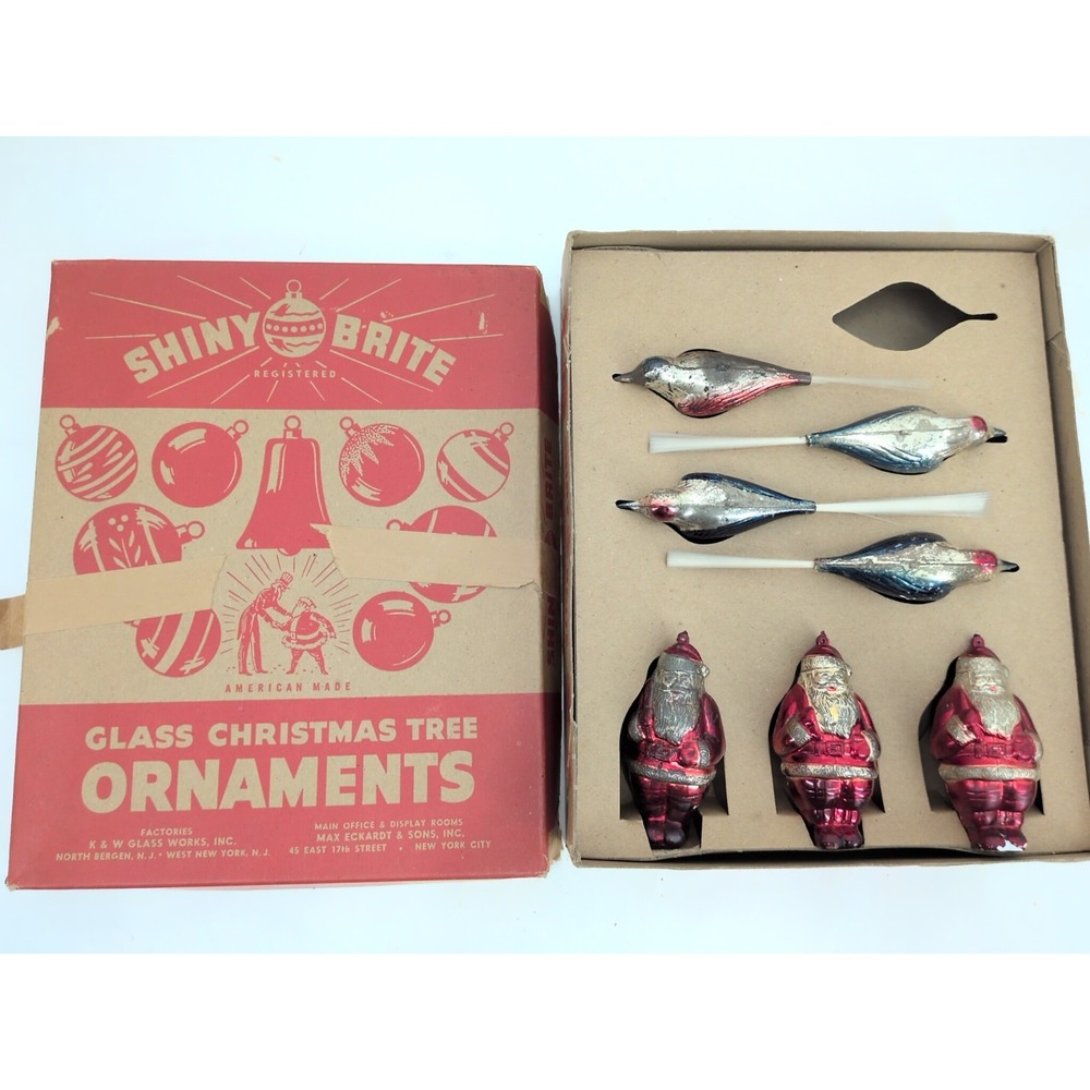 EXTREMELY RARE 1948 Shiny Brite Christmas Ornaments Plastic Santa Birds In Box